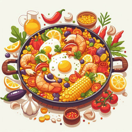 Fried eggs with vegetables and shrimp in a frying pan. Vector illustration.のイラスト素材