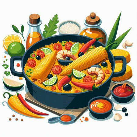 Illustration of a casserole with vegetables and seafood. Vector illustration.のイラスト素材