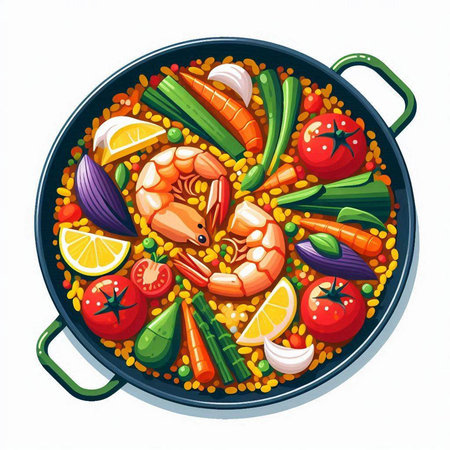 Vector illustration of a paella with shrimps and vegetables.のイラスト素材