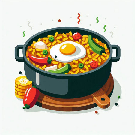 Illustration of a casserole with rice, egg and vegetablesのイラスト素材