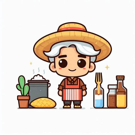 Cute farmer with hat and apron. Vector cartoon illustration.のイラスト素材
