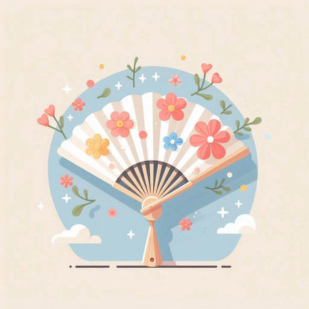 Folding fan with flowers and clouds. Flat style vector illustration.のイラスト素材