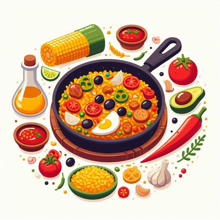 Mexican cuisine. Vector illustration of mexican food in frying panのイラスト素材