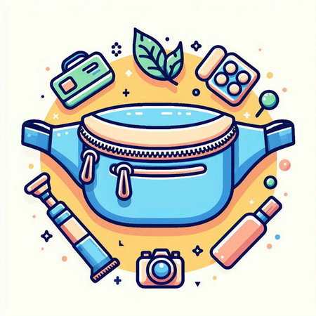 Vector illustration of a watering can with a camera and cosmetics. Flat line art style.のイラスト素材