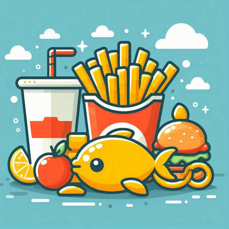 Fast food concept. Vector illustration of hamburger, french fries and fish.のイラスト素材
