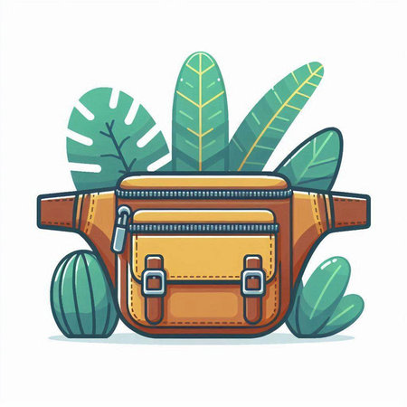 Suitcase and tropical leaves on white background. Vector illustration.のイラスト素材