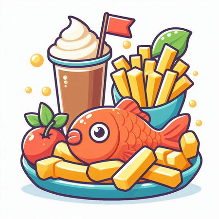 Fried fish with french fries and milkshake. Vector illustration.のイラスト素材