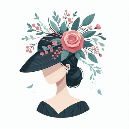 Beautiful girl in hat with flowers and leaves. Vector illustration.のイラスト素材