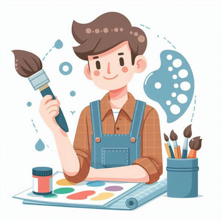 Artist man holding paintbrush and palette. Flat style vector illustration.のイラスト素材