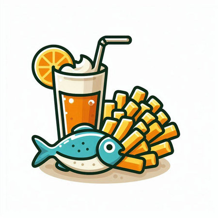 Fried fish with a glass of beer and chips. Vector illustration.のイラスト素材