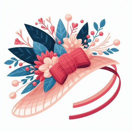 Vector illustration of a women's hat decorated with flowers and leaves.のイラスト素材
