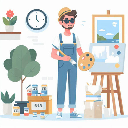 Painter in overalls and cap standing near easel with palette and brush. Flat style vector illustration.のイラスト素材