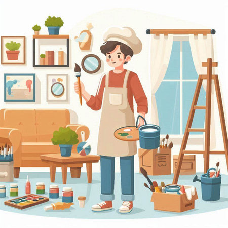 Painter in apron and hat working in his home. Vector illustrationのイラスト素材