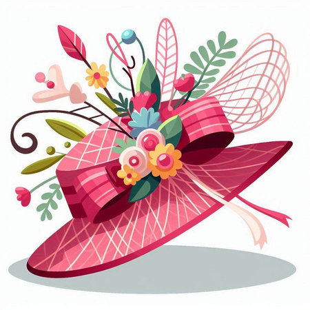 Beautiful woman's hat with flowers and butterflies. Vector illustration.のイラスト素材