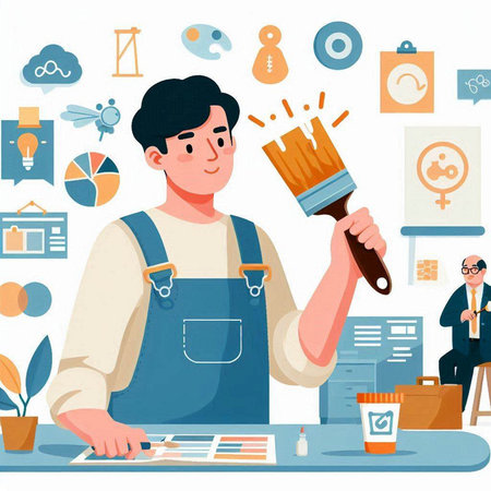 Man painter in apron with paint brush in his hand. Vector illustrationのイラスト素材