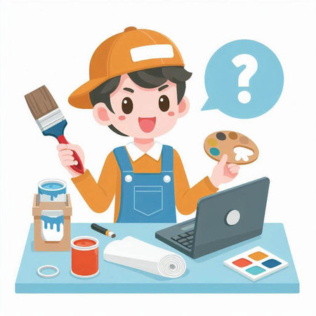 Carpenter at work with tools on white background, vector illustration.のイラスト素材