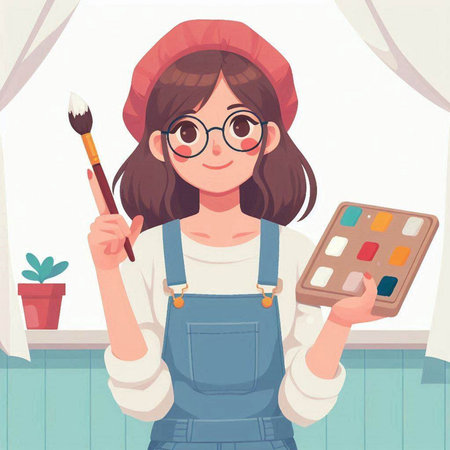 Girl painter with brush and palette. Cute cartoon vector illustration.のイラスト素材