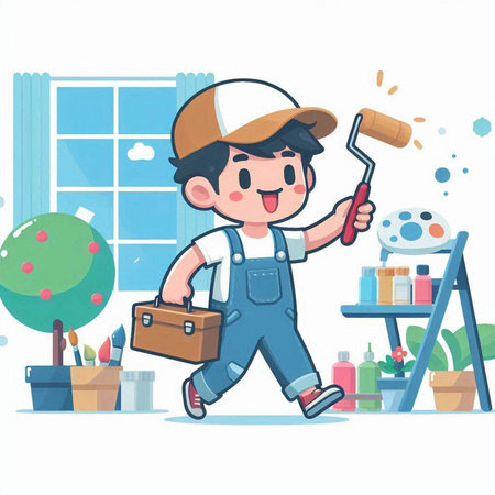 Cute cartoon boy painting the wall with paint roller. Vector illustration.のイラスト素材