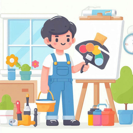 Cartoon boy painting on easel at home. Vector illustration.のイラスト素材