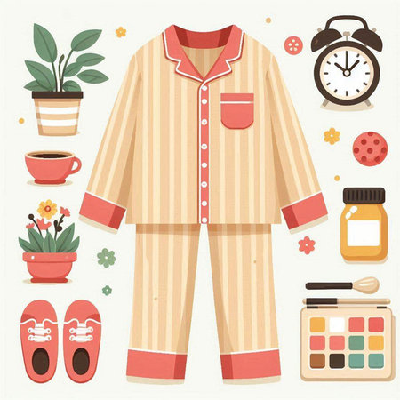 Pajama set with sleepwear and accessories. Vector illustration.のイラスト素材