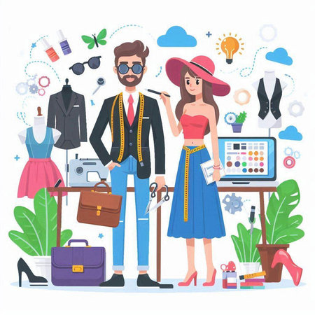 Fashion designer man and woman. Vector illustration in flat style.のイラスト素材