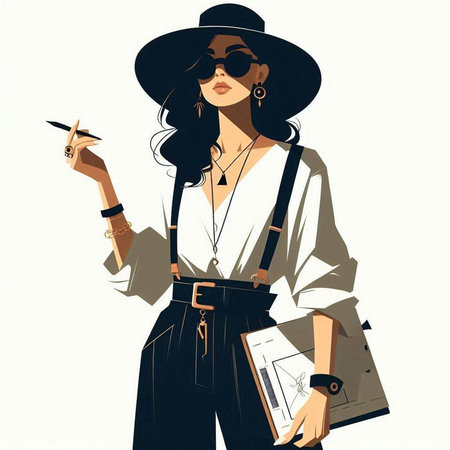 Fashion girl in hat and sunglasses with pen. Vector illustration.のイラスト素材