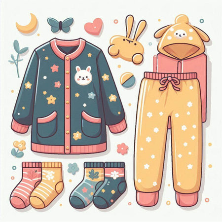 Set of cute baby clothes. Vector illustration in doodle style.のイラスト素材