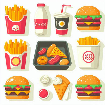 Fast food icons set. Vector illustration of hamburger, pizza, french fries, soda, burger, ice cream, ice cream, donutのイラスト素材