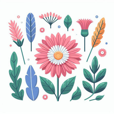 Flower composition. Colorful flowers, leaves and branches. Vector illustration.のイラスト素材