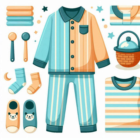 Baby clothes, pajamas and accessories. Vector illustration in cartoon style.のイラスト素材