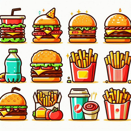Fast food icons set. Vector illustration of hamburger, french fries, soda drink, burger.のイラスト素材