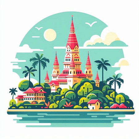 Tropical island with towers and palm trees. Vector illustration.のイラスト素材