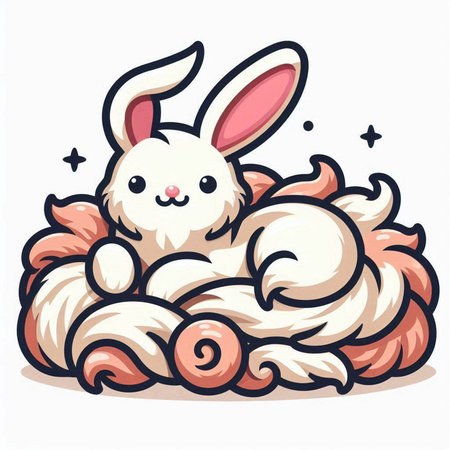 Cute cartoon white rabbit sleeping on a pillow. Vector illustration.のイラスト素材