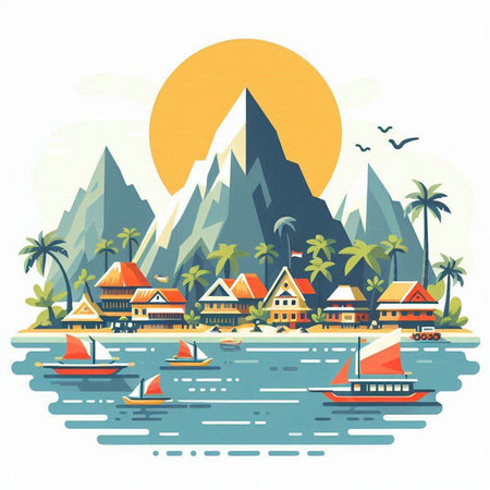Tropical island with palm trees, boats and mountains. Vector illustration.のイラスト素材