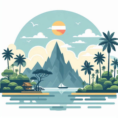 Summer landscape with mountains, palm trees and boat. Vector illustration.のイラスト素材