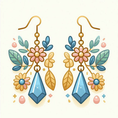 Earrings with flowers, leaves and gems. Vector illustration.のイラスト素材
