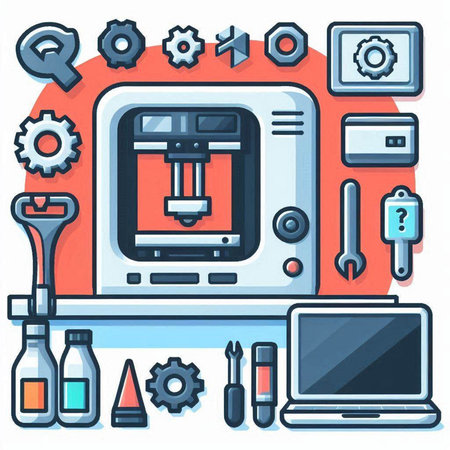 Vector illustration of a flat design of 3d printer, tools and equipment.のイラスト素材