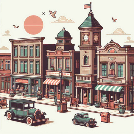 City street with shops, cafes and old cars, vector illustration.のイラスト素材