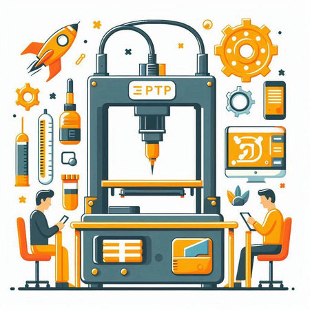 Industrial 3D printing machine. Vector illustration in flat style.のイラスト素材