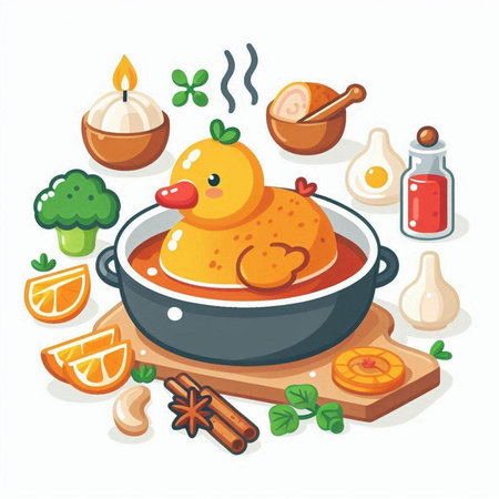 Chicken soup with ingredients for cooking. Vector illustration in cartoon style.のイラスト素材