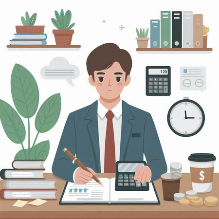 Businessman working at office. Vector illustration in flat cartoon style.のイラスト素材