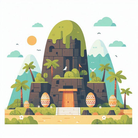 Vector illustration of an island with a castle in the middle of the jungle.のイラスト素材