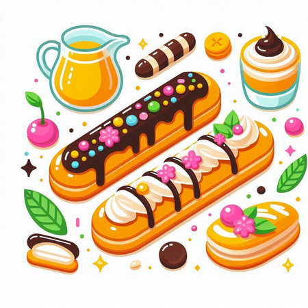 Vector illustration of sweet desserts, eclairs, macarons, cakes, cupcakes.のイラスト素材