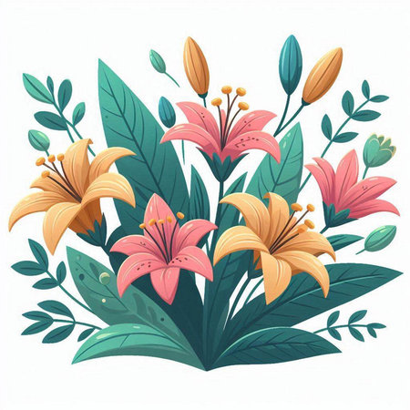 Bouquet of pink lilies and green leaves. Vector illustration.のイラスト素材