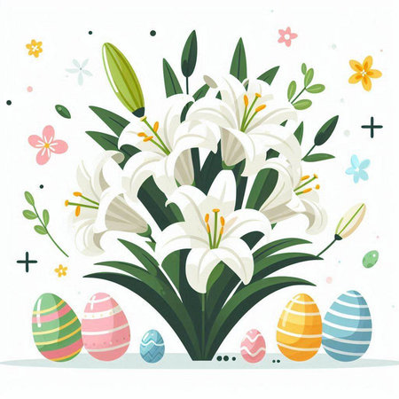 Easter background with spring flowers, eggs and lily. Vector illustration.のイラスト素材