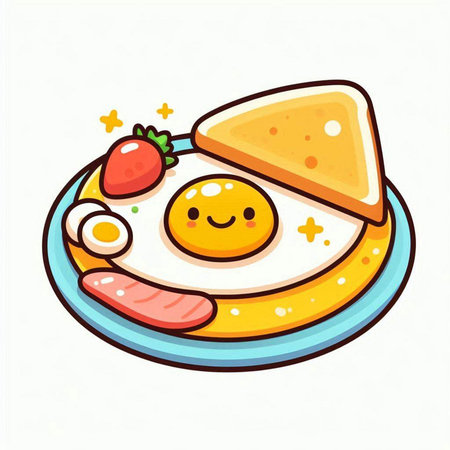 Fried egg with strawberry and cheese. Vector illustration in cartoon style.のイラスト素材