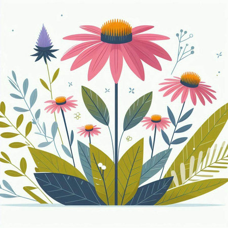 Echinacea flowers and leaves. Vector illustration in flat style.のイラスト素材