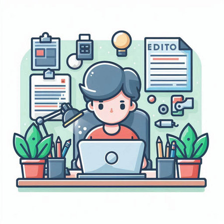 Vector illustration of a man working at a laptop. Flat style design.のイラスト素材