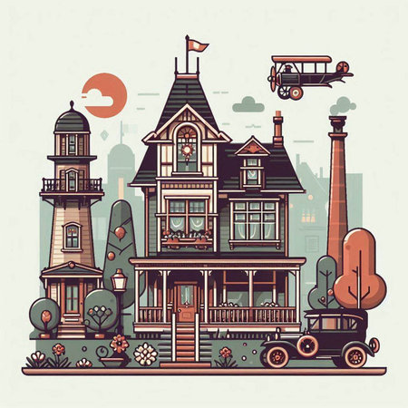 Vintage house in the city. Vector illustration in retro style.のイラスト素材
