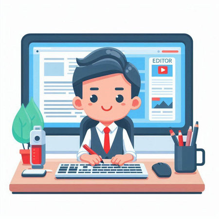 Businessman working on computer. Vector illustration in a flat style.のイラスト素材